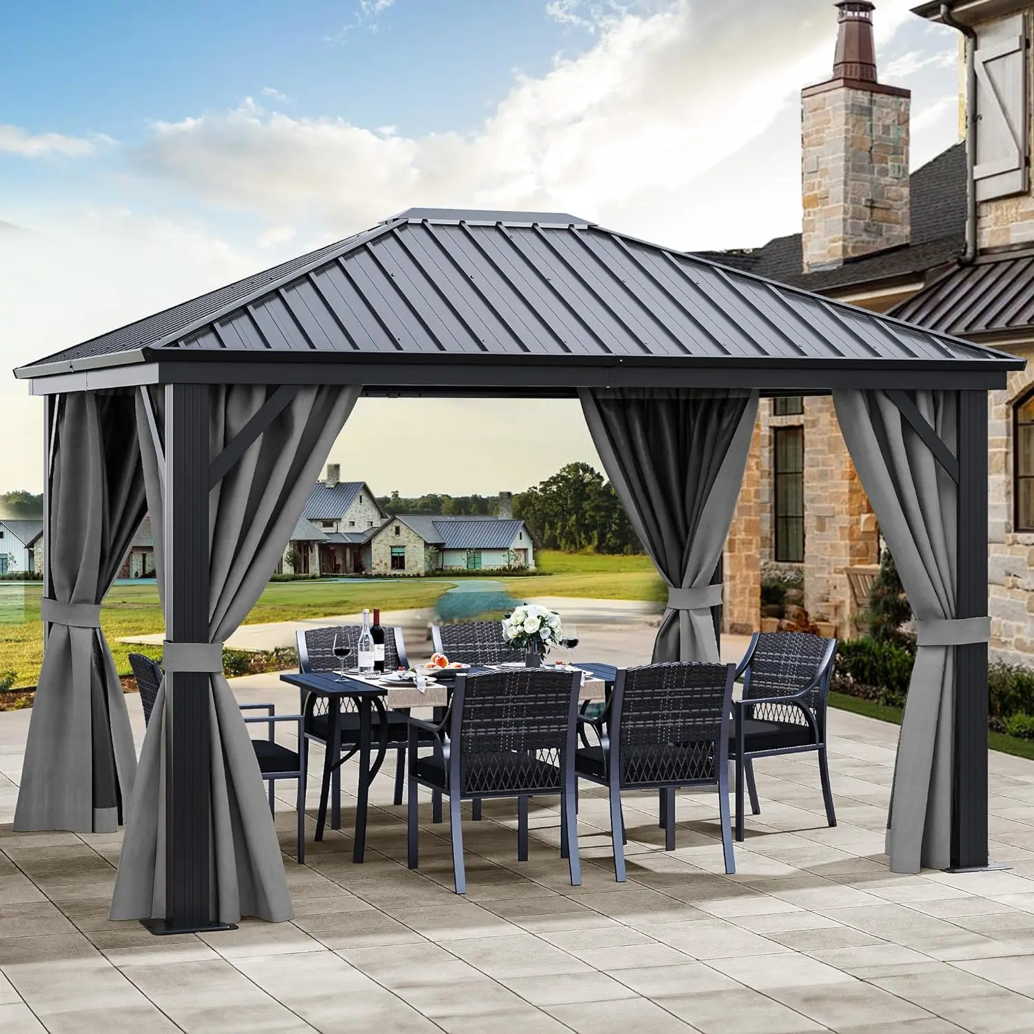 

10/12ft Hardtop Gazebo with Nettings and Curtains, Heavy Duty Galvanized Steel Outdoor Vertical Stripes Roof for Patio, Backyard