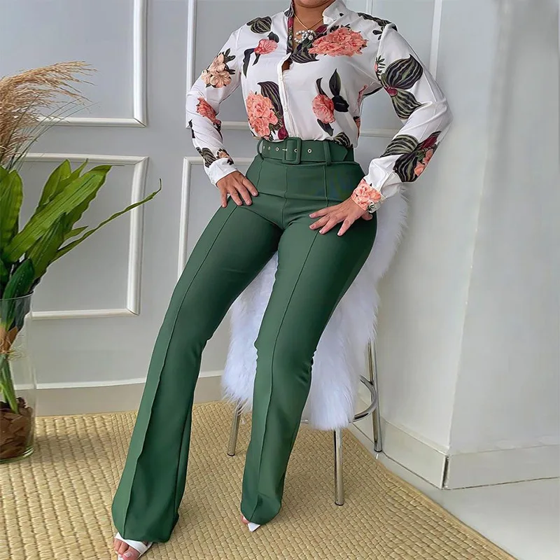 2024 summer new leisure suit printed stand collar long-sleeved shirt top wide-leg pants two-piece set