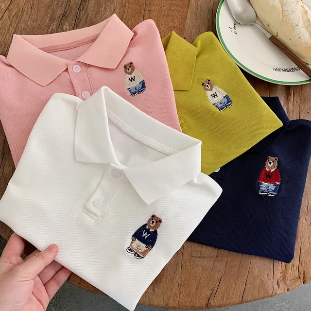 Polo d'été pour enfants, imprimé ours de dessin animé, col bébé, manches courtes, haut unisexe tendance pour garçons et filles 1