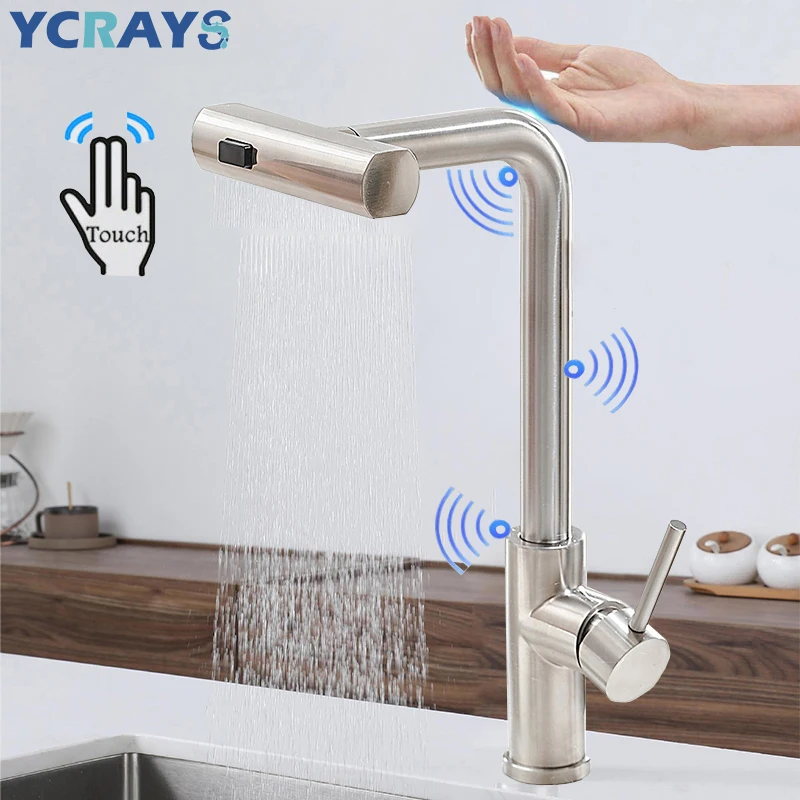 

Кухонный Смеситель YCRAYS, умный выдвижной кран из матового никеля, с сенсорным управлением, 3 режима, черная водопад, серая раковина