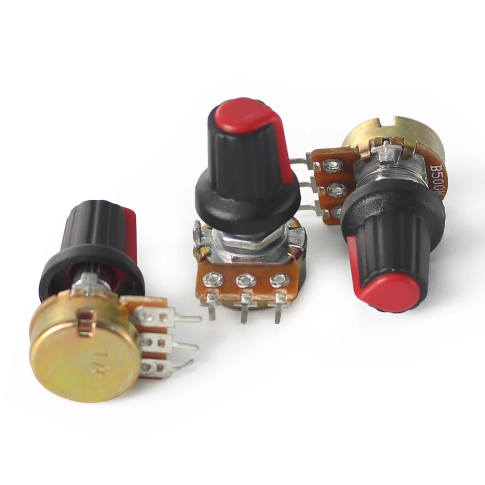 WH148 Linear Rotary Potentiometer B1K B2K B5K B10K B20K B50K B100K B250K B500K B1M 3Pin 15mm Shaft with Red AG2 Knobs 5Set