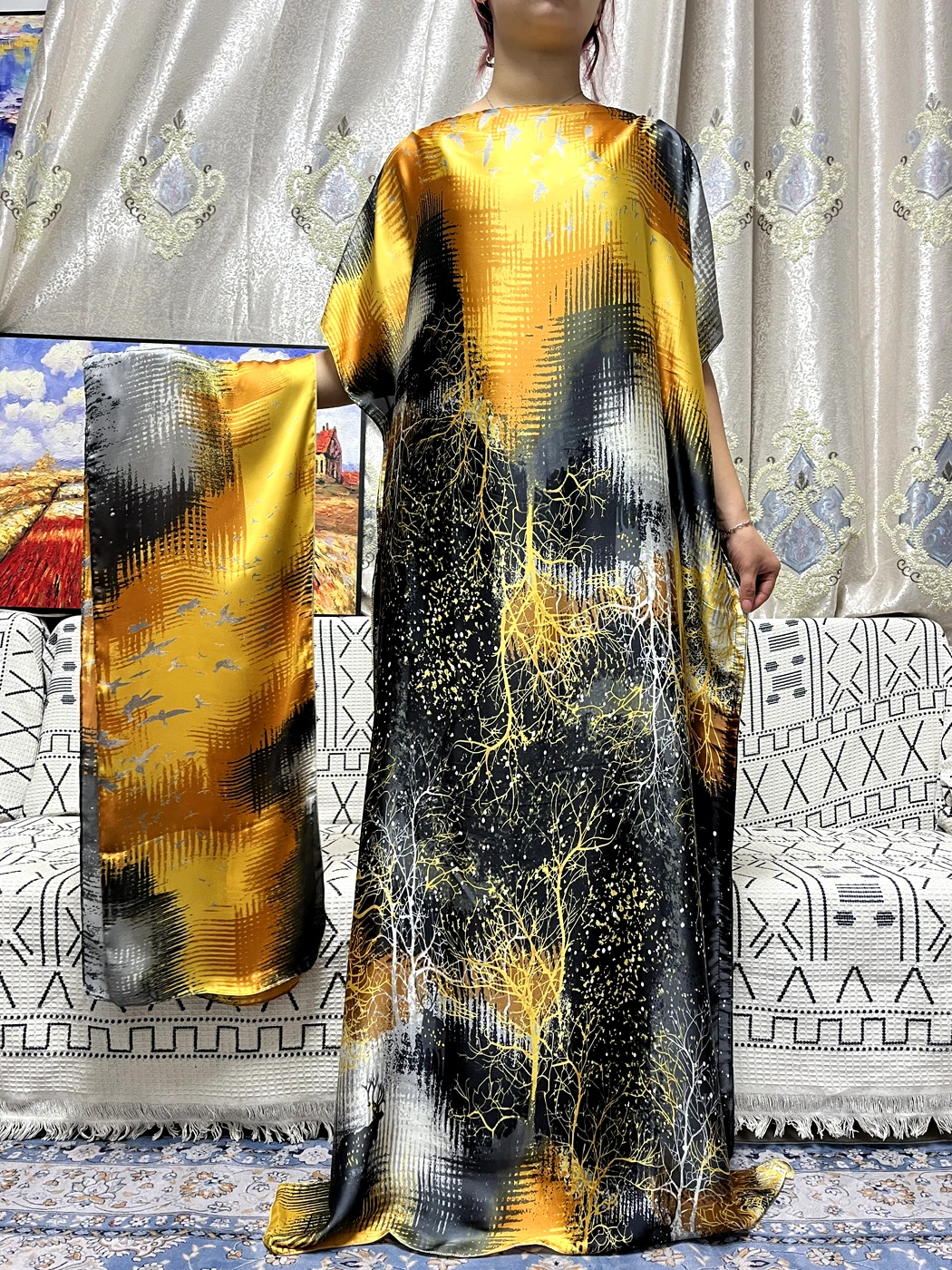 Muslim Abayas For Women 2023 Colour Silk Stains Sets Loose Femme Robe Turkey Islam African Party Dresses With Hijabs Turban Belt