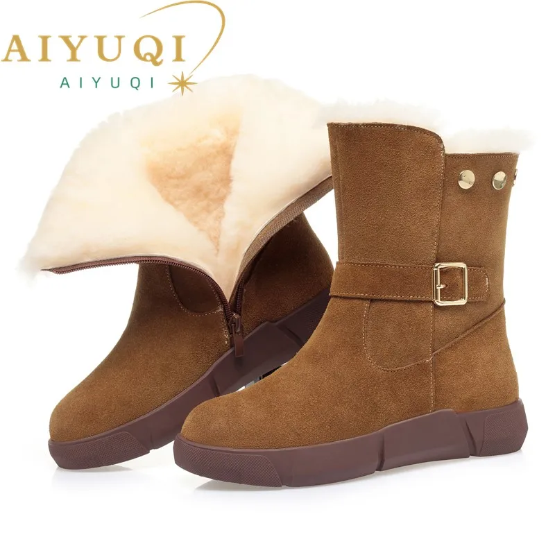 

AIYUQI Snow Boots Women Natural Wool 2024 New Warm Women Winter Boots Genuine Leather Suede Flat Large Size Women's Booties