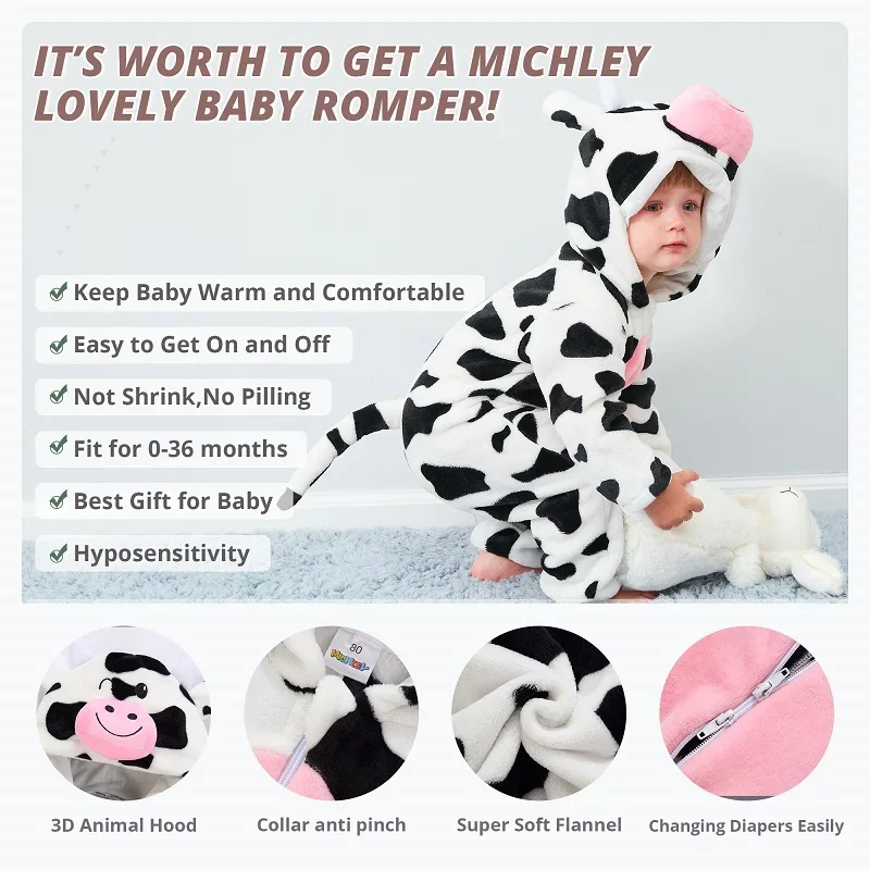 MICHLEY Carnival Winter Baby Rompers Hooded Flannel Toddler Infant Clothes Overall Bodysuits Jumpsuit Costume For Kids Girl Boy 6