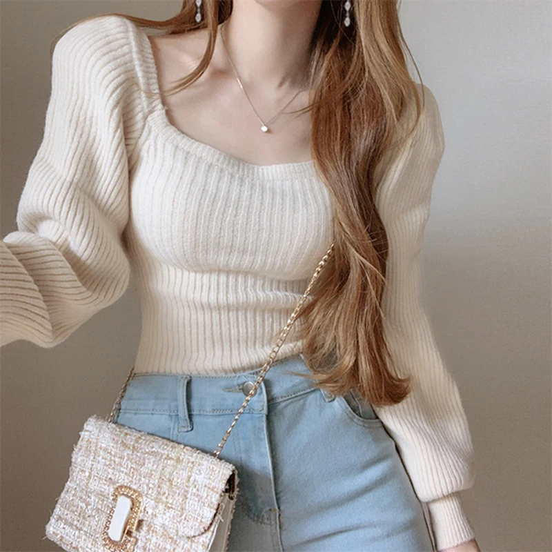 

Korean Style Chic Women Sweaters Square Collar Puff Sleeve Vintage Knitted Tops 2022 New Autumn Winter Female Knitting Pullovers