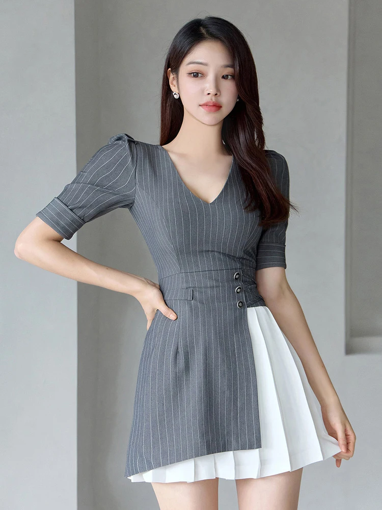 

Fashion Vintage Work Style Formal Striped Asymmetrical Short Dress Women Clothes Elegant Office Puff Sleeve Slim Mini Vestidos
