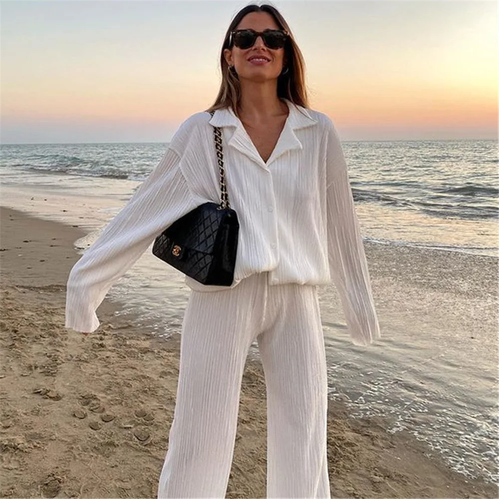 2 Piece Pants Sets Spring Women Pleated  Summer Streetwear Long Sleeve Button Down Shirt+Straight-Leg Pants Loose Outfits chic v neck pleated jumpsuits for women spring clothes full sleeve wide leg pants long rompers elegant solid one piece overalls
