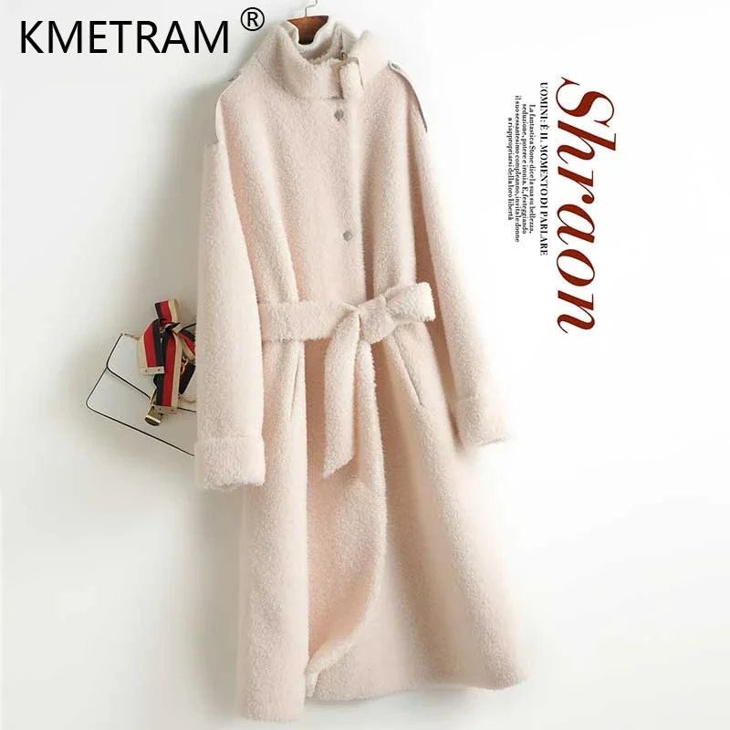 

Elegant 100% Wool Coat for Women Winter Autumn Composite Fur Coats Solid Color Sheep Shearing Jacket Lace Up Chaqueta Mujer