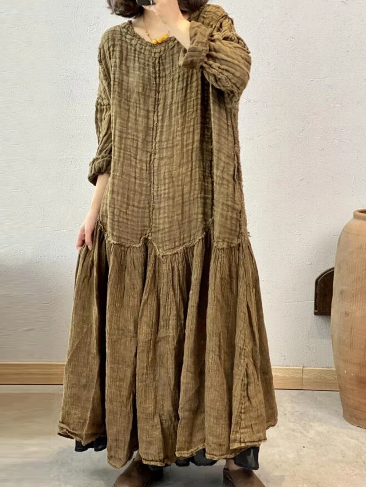 thumbnail image 1 of Vestido largo de verano para mujer, de uso diario, con cuello redondo, manga larga, elegante, con pliegues y retazos, con ribete crudo, suelto, liso, 1 of 5