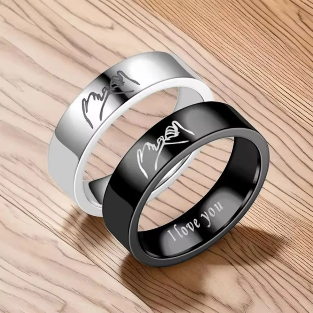 Stainless Steel Rings with "I LOVE YOU" Engraved Inside - Black/White Matching Promise Rings Valentine's Gift Jewelry