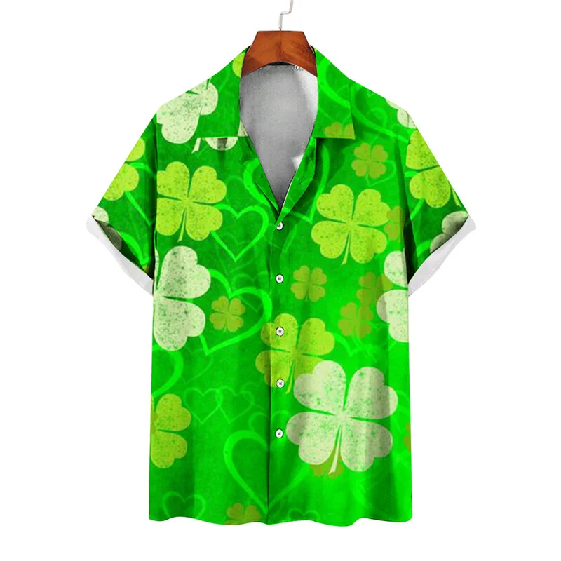 thumbnail image 1 of Camisas de verano con estampado de trébol de cuatro hojas para hombre y mujer, camisas casuales de manga corta con solapa, estilo hawaiano, para playa, estilo urbano, 1 of 5