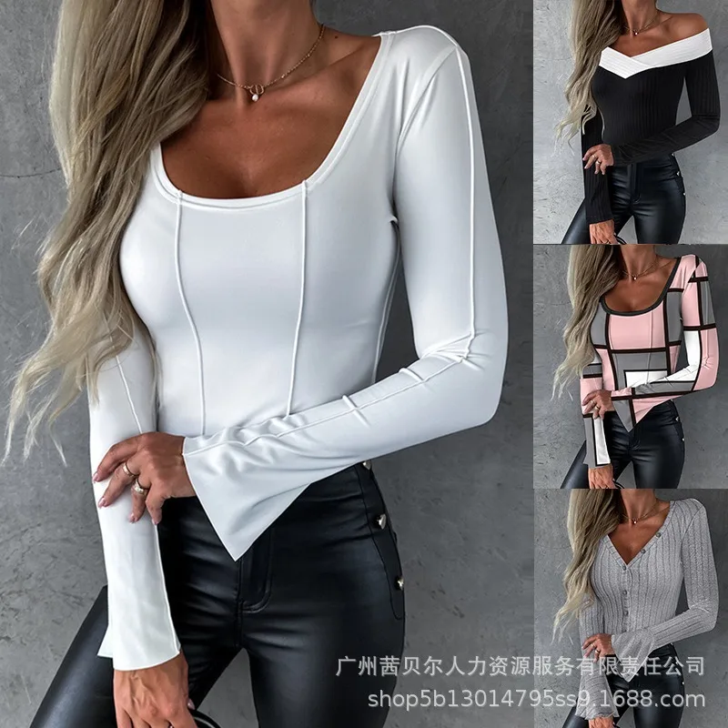 

2023 Spring Autumn New Women's Clothing Slim Long Sleeve Top Color Matching Casual Fashion Tops