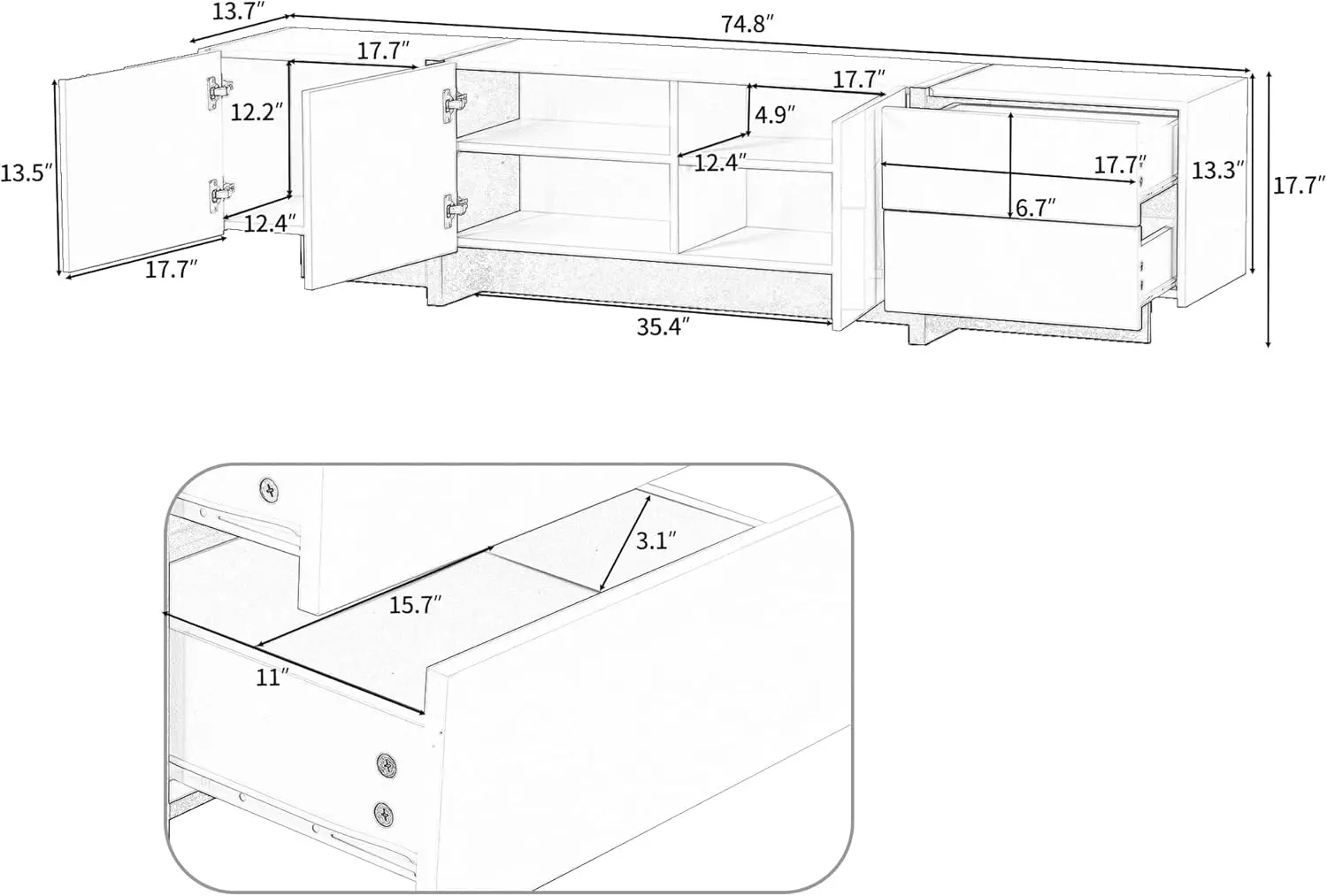 Contemporary Rectangle Design TV Stand for Television Up to 80", Unique Style Console Table, Modern Storage Cabinet