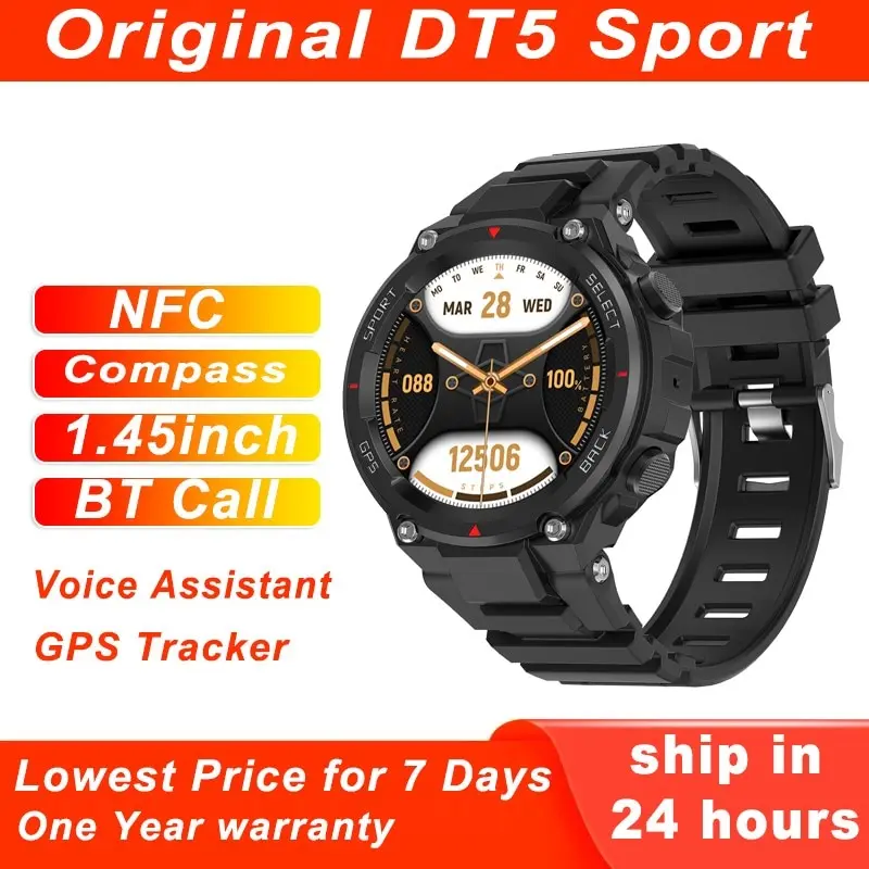 

DT5 Sport Smart Watch Men AOD Bluetooth Call Compass Heart Rate 150+ Sports GPS Tracking 40g Super light Waterproof Smartwatch