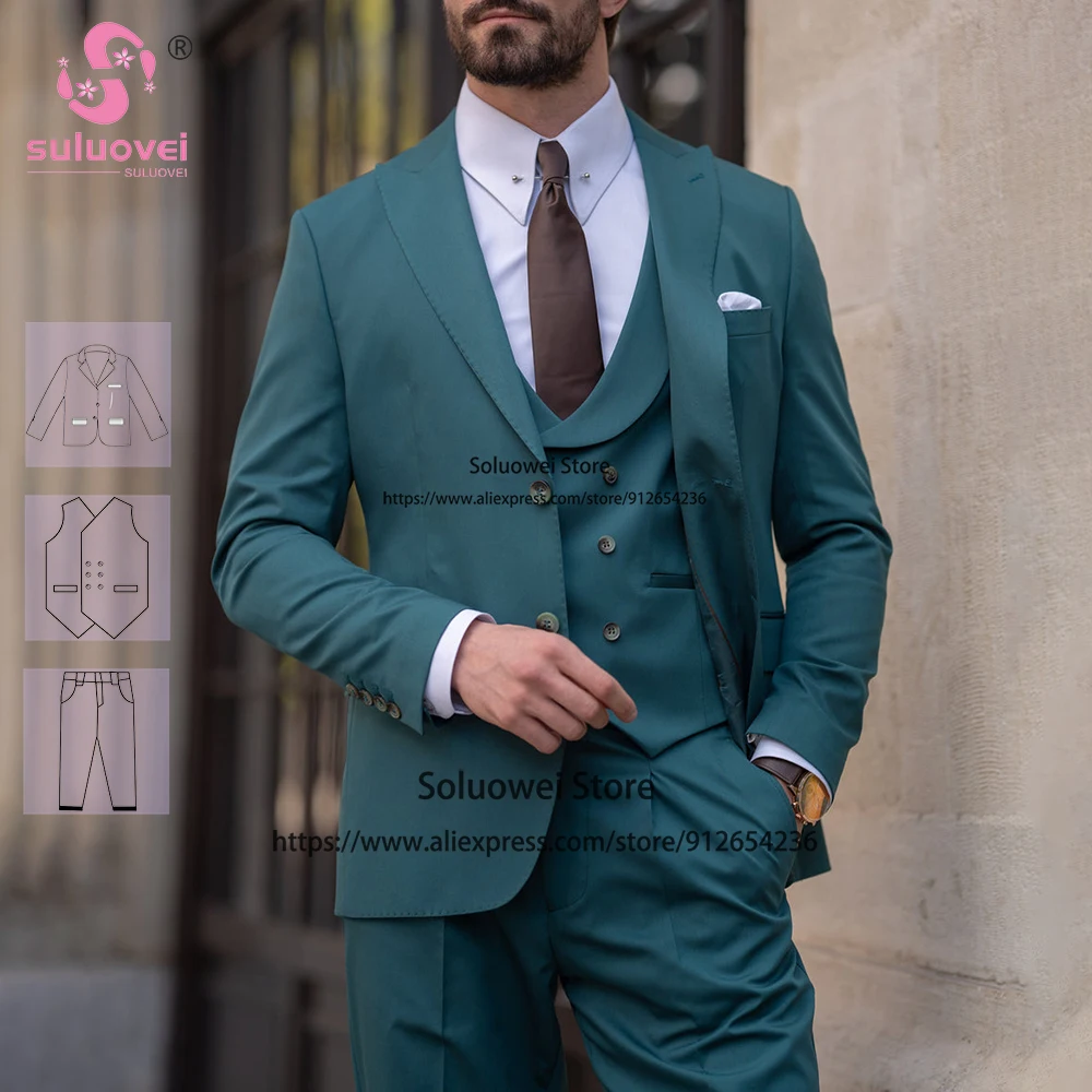 

Fashion Teal Peaked Lapel Suit For Men Business 3 Piece Pants Set Formal Groom Wedding Dinner Party Prom Tuxedo Blazer Masculino