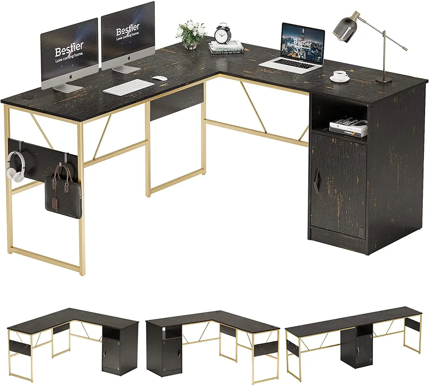

Bestier 95'' L Shaped Computer Desk with Storage Cabinet Reversible Workstation for Home Office, Black