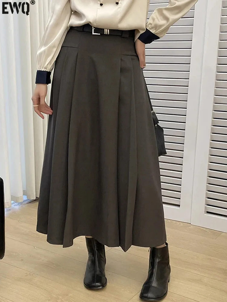 

[EWQ] Korean Chic High Waist Solid Color Belt Skirt Fashion All Match Vintage Coffee Long Skirts Women 2024 Spring Summer 7843