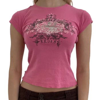 Women’s Basics Rero Casual Short Sleeve T-shirt Vintage Printing Round Neck Exposed Navel Slim Fit Tops 1