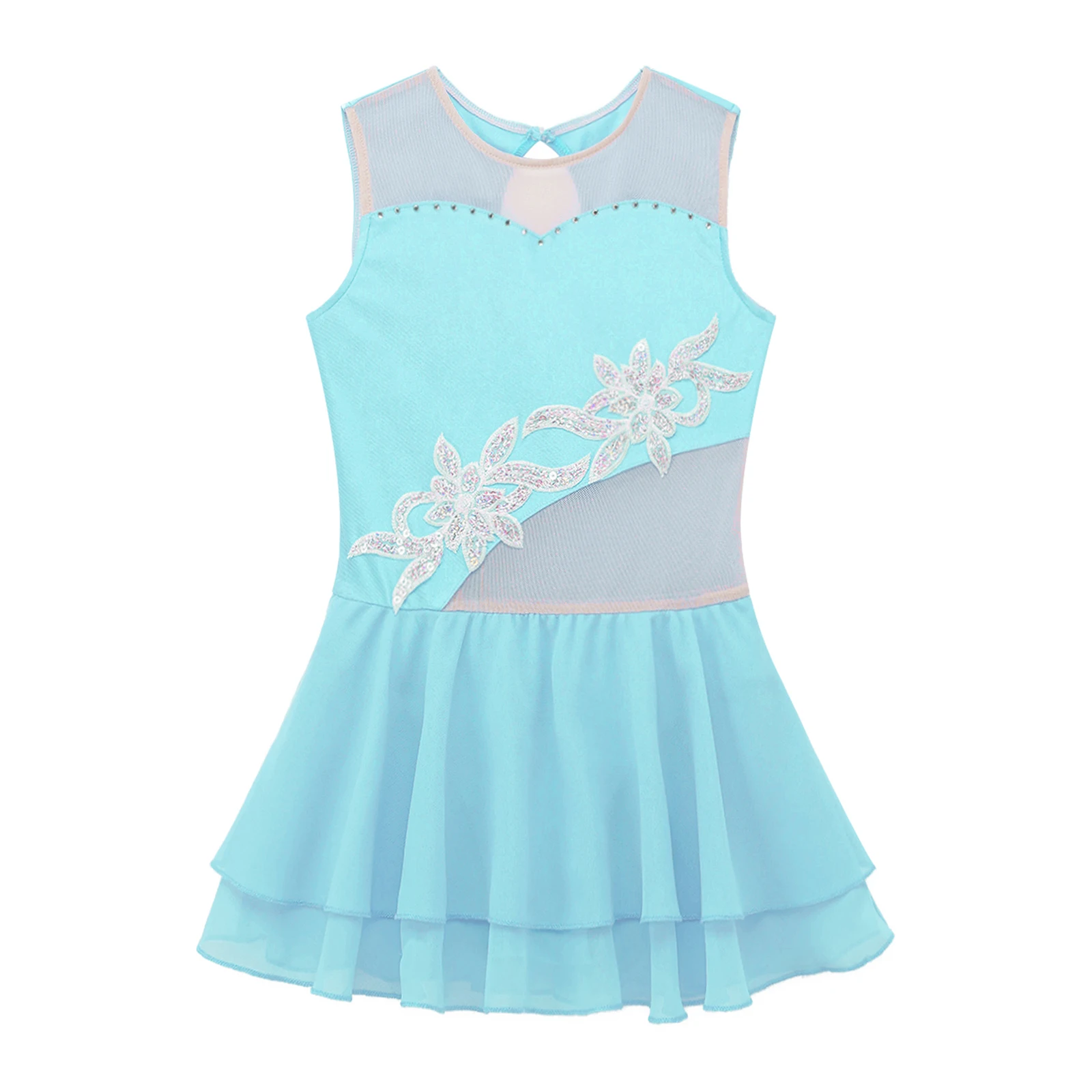 Kids Gymnastics Leotard for Girls Sleeveless Patchwork Shiny Floral Roller Ice Figure Skating Dress Ballet Clothes Dance Wear