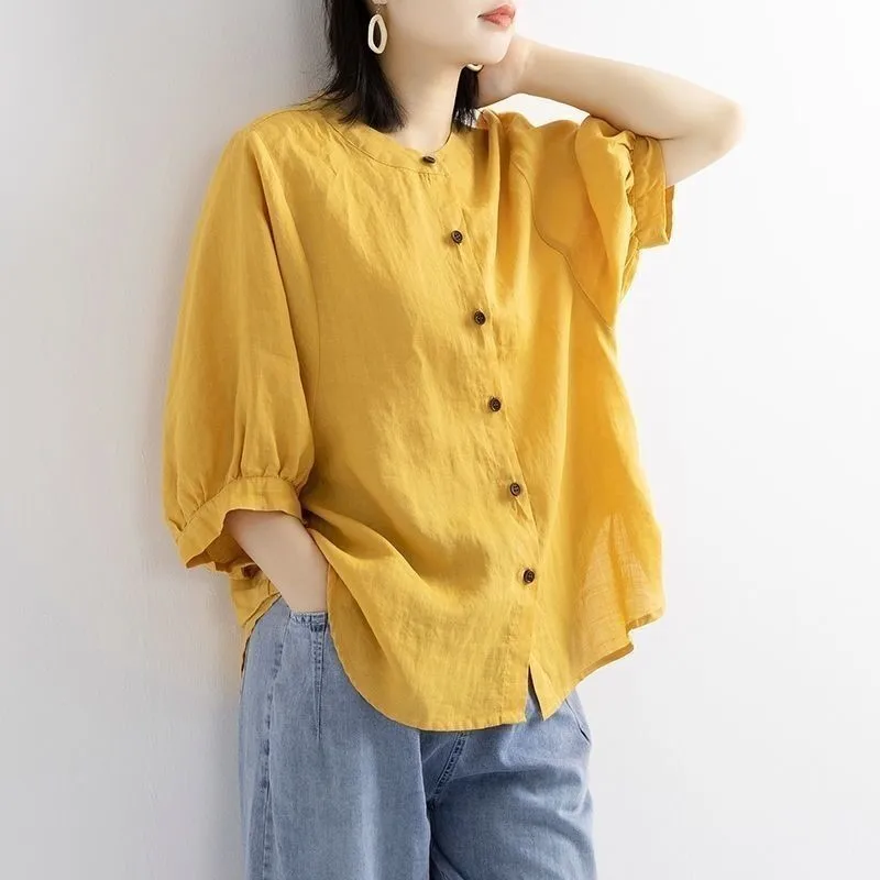 

Balonimo Cotton Linen Shirt Women's 2022 Summer New Retro Literary Lantern Sleeve Shirt Loose Large Size Medium Sleeve Blouse