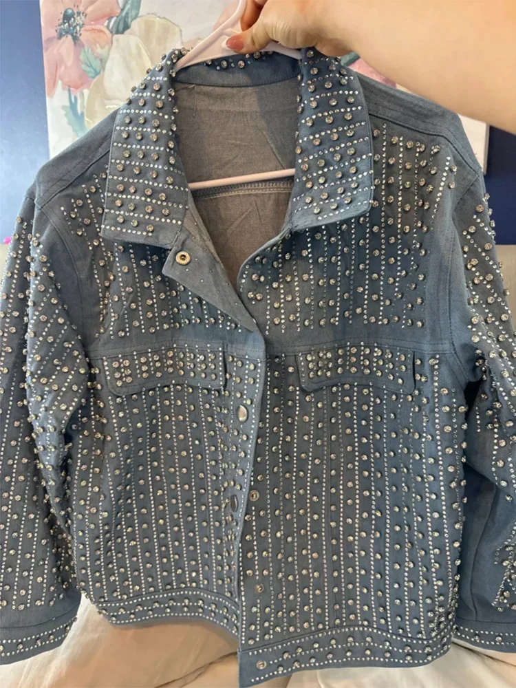 Streetwear Patchwork Rivet Denim Jacket Women Fashion Lapel Long Sleeve Loose Coats Female Outerwear 2024 Autumn New Trend