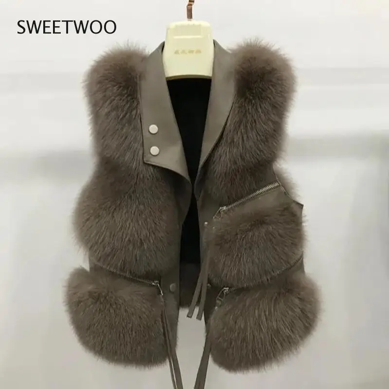 2022 Autumn Winter Faux Fur Vest Women Solid Lapel Sleeveless Pu Leather Jackets New Loose Warm Multi-Zip Decoration Coat Slim