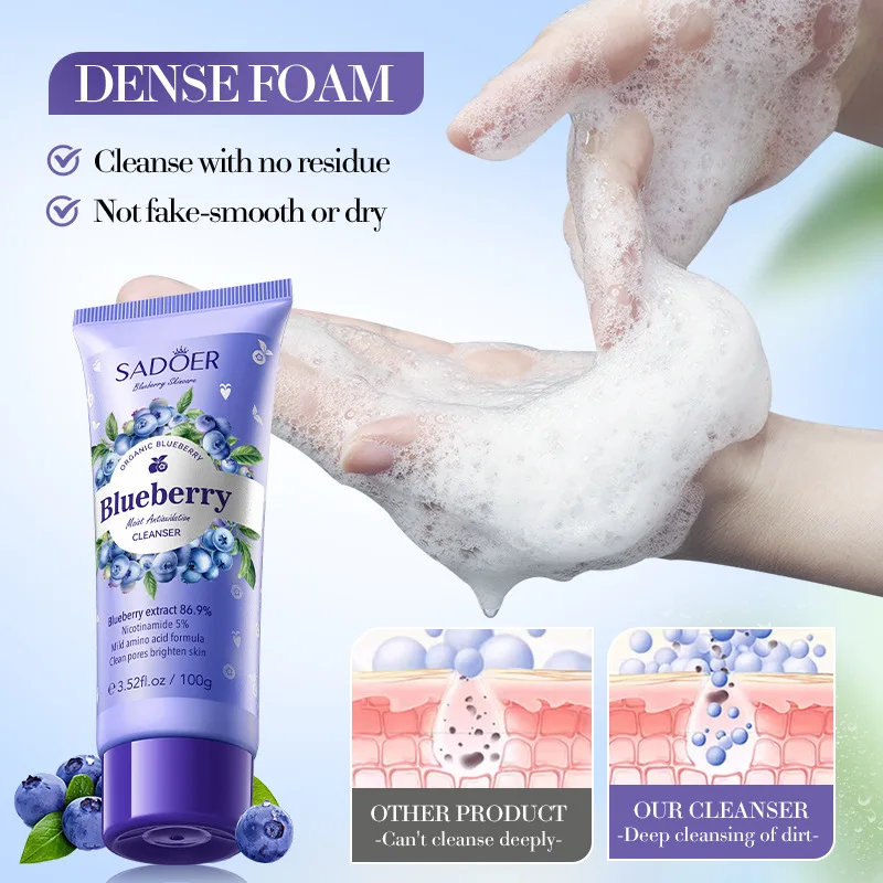 SADOER Blueberry Amino Acid Facial Cleanser Faces skincare Moisturizing Firming Face Wash Foam Cleanser Skin Care Products 5