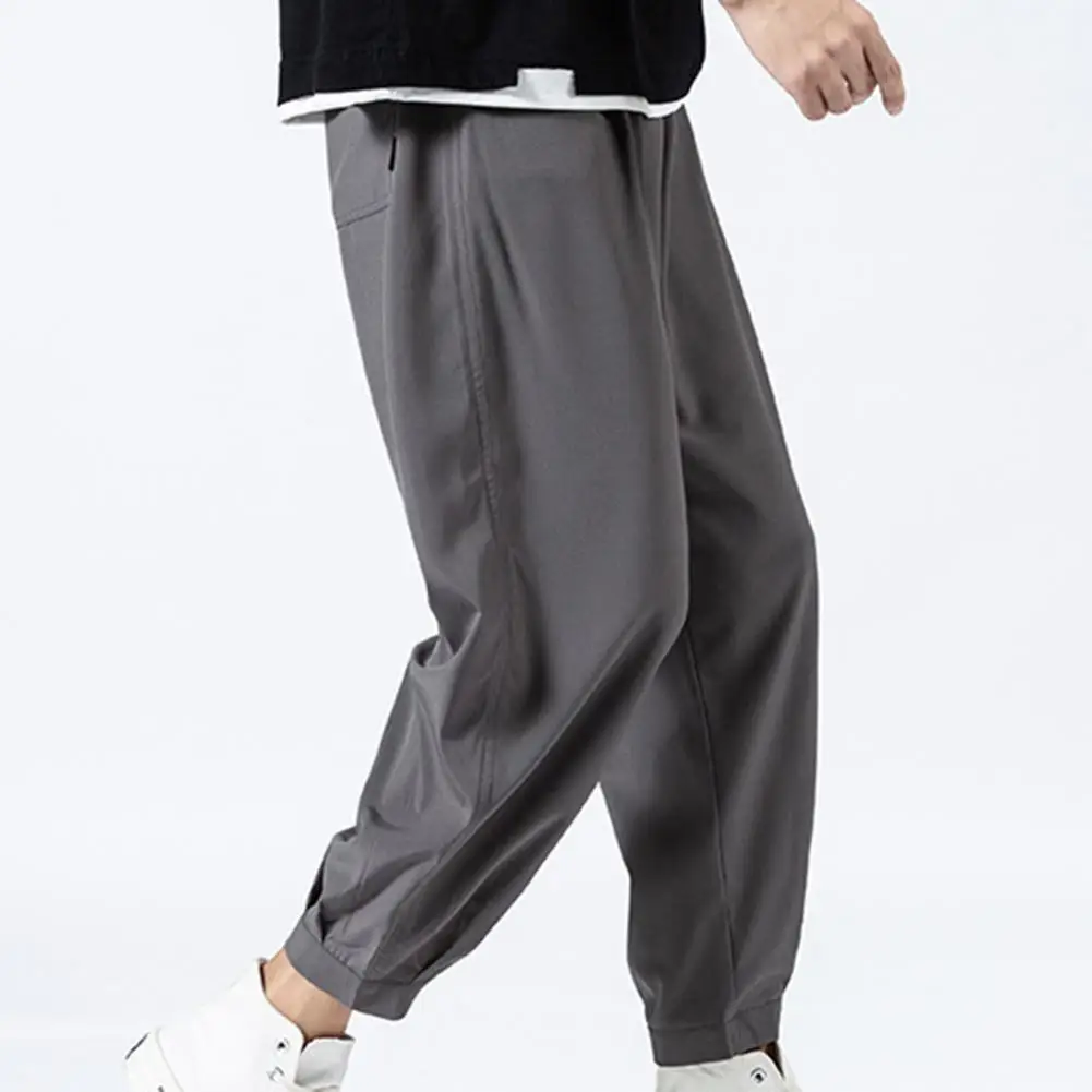Solid Color Men Pants Ankle-length Smooth Wide Leg Ankle Tied Oversize Pants Sweatpants