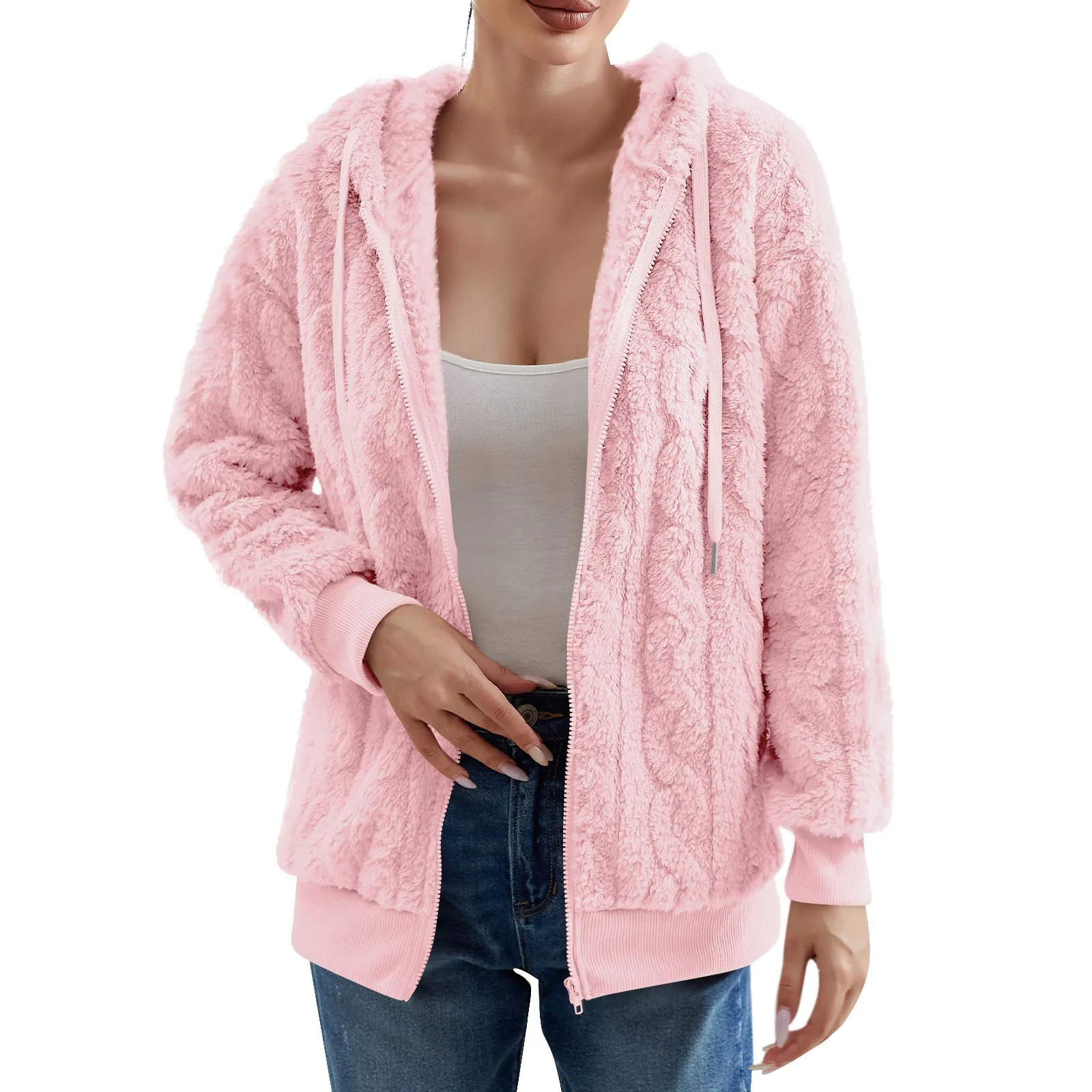 Winter Clothes Women Fashion Long Sleeve Pocket Plush Cardigan Sweater Solid Color Y2k Hooded Faux Fur Zipper Sweatshirt Jacket