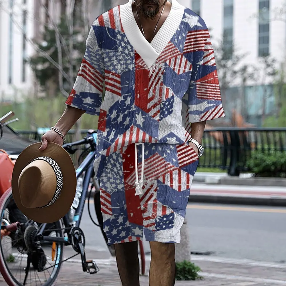 

2024 Men's Trendy Printing Casual Set Men's Summer Loose Short sleeved Shorts V-neck Dynamic Set Two piece Set for Men