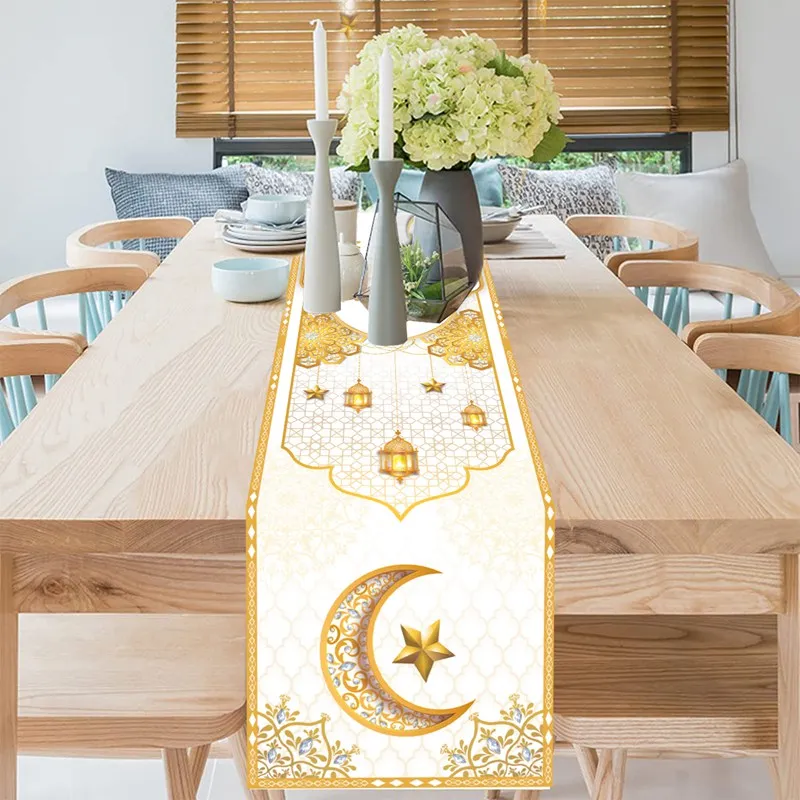 Runner Da Tavola Ramadan Mubarak 180 Cm – Decorazione Con Luna E Moschea Blu E Oro Per Eid