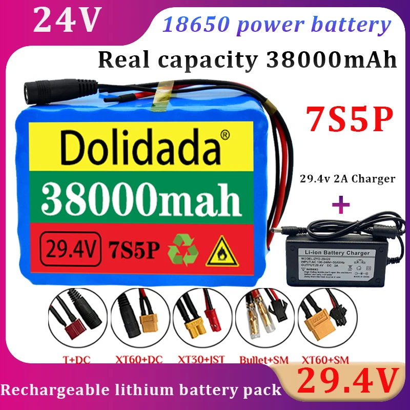 

7S5P 24V 18650 Rechargeable Lithium Battery Pack 38Ah 500W 29.4V 15A BMS for Electric Bicycle Electric Scooter+ 29.4v 2A Charger