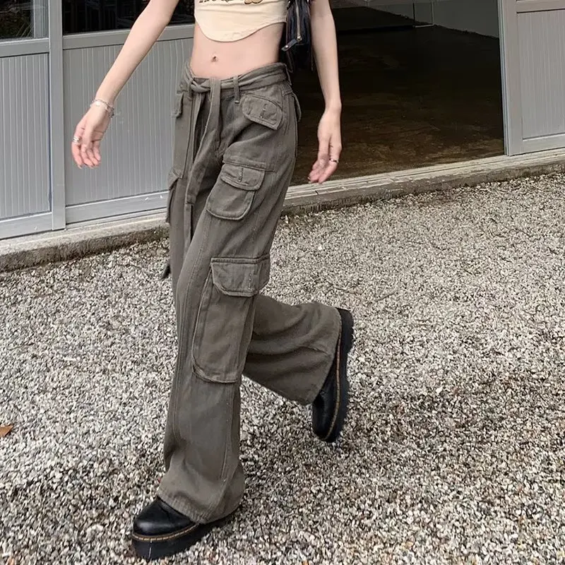 Loose Cargo Pants Multi Pocket Bags Denim Joggers Wwomen Vintage Streetwear Retro Low-waisted Spice Girl Baggy Jeans y2k clothes