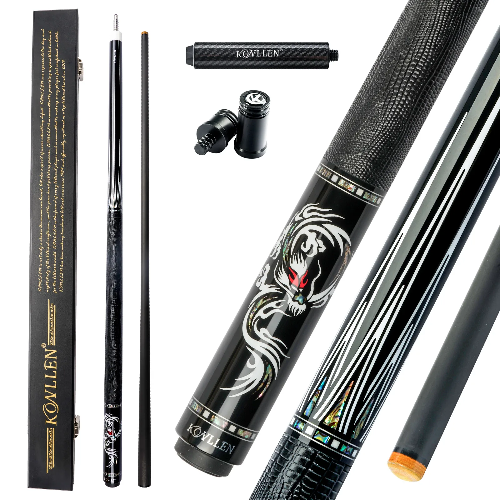 KONLLEN Carbon Fiber Pool Cue Stick with 12.5mm tip Real Inlay