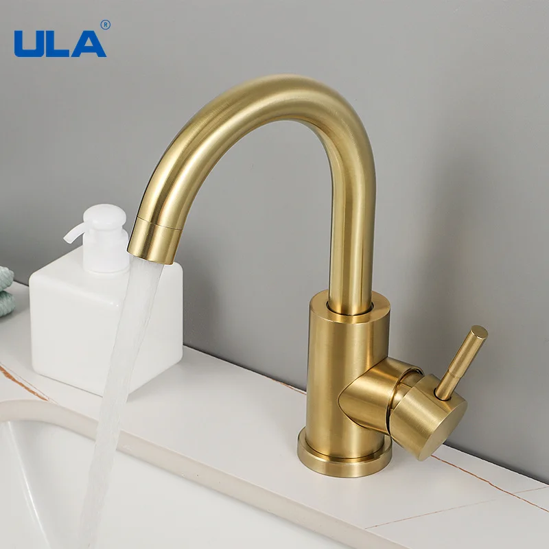 

Brushed Gold Modern Bathroom Basin Faucet Stainless Steel Hot Cold Wash Mixer Crane Tap Free Rotation Sink Faucets Single Handle
