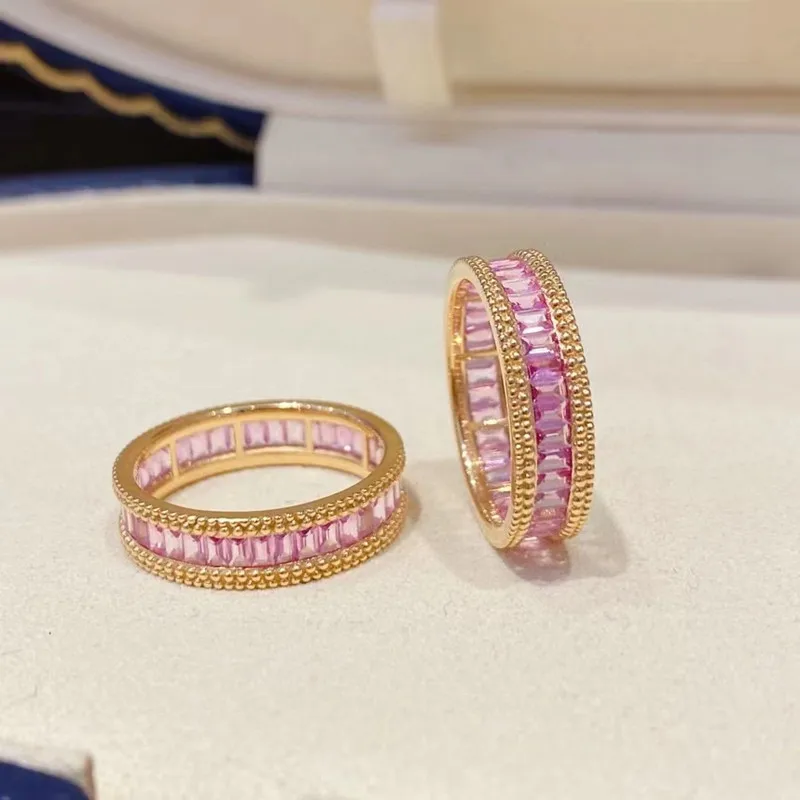 

UBESTNICE Sweet Real 18K Gold Solid Yellow Gold AU750 Double Beaded Interlayer Row-set Pink Sapphire Rings Women Fine Jewelry