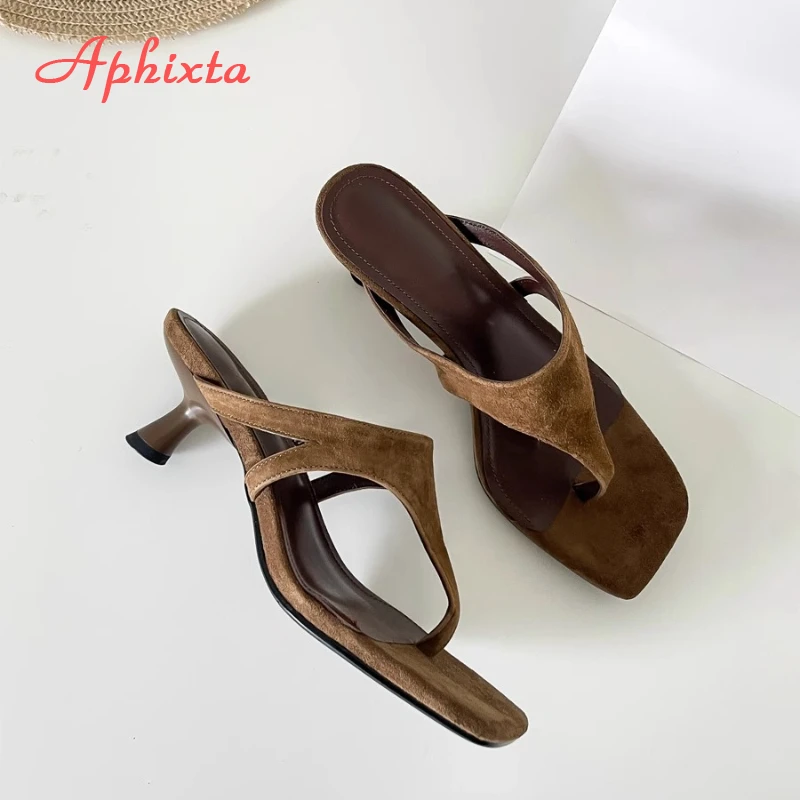 Aphixta Women Classic Slides Cow Suede Thin Heels Slippers For Women Summer Beach Sandals Outdoor Flip Flops Ladies Shoes