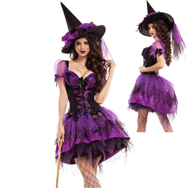 Multiple Carnival Halloween Lady Purple Elegant Witch Costume Cute Tuxedo Magic Maga Playsuit Cosplay Fancy Party Dress