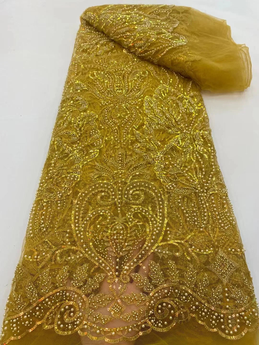 African New Arrival Luxury Sequins 5 Yards Mesh Fabric 2022 French High Quality Handmade Beaded Tulle Lace Women Dinner Dress