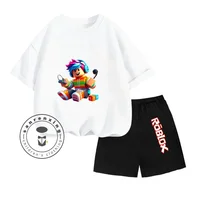 Kids 3-13 Years Old Summer Cute Roblox Games Cartoon Print Design O-neck American Short Sleeve +Fashion Letter Shorts Set 2