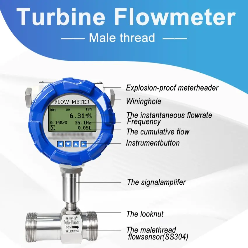 High Accuracy Turbine Flow Meter LCD Digital Display SS304 Flowmeter 4-20mA RS485 Pulse Output Water Diesel Alcohol Gasoline