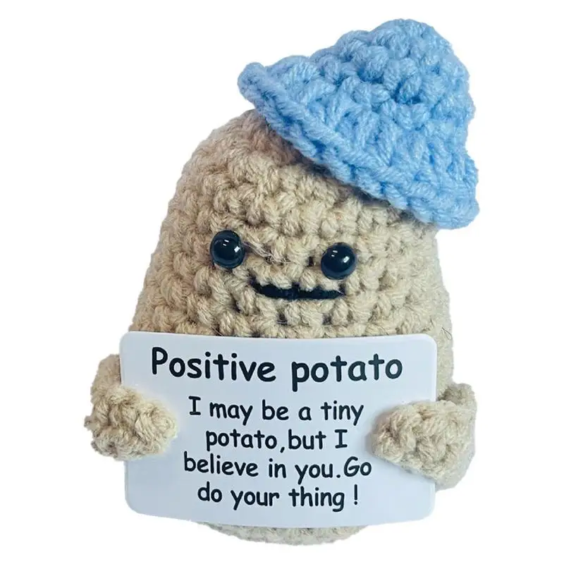 Positive Potato, 3 inch Mini Funny Knitted Wool Potato Toy with Blue Hat