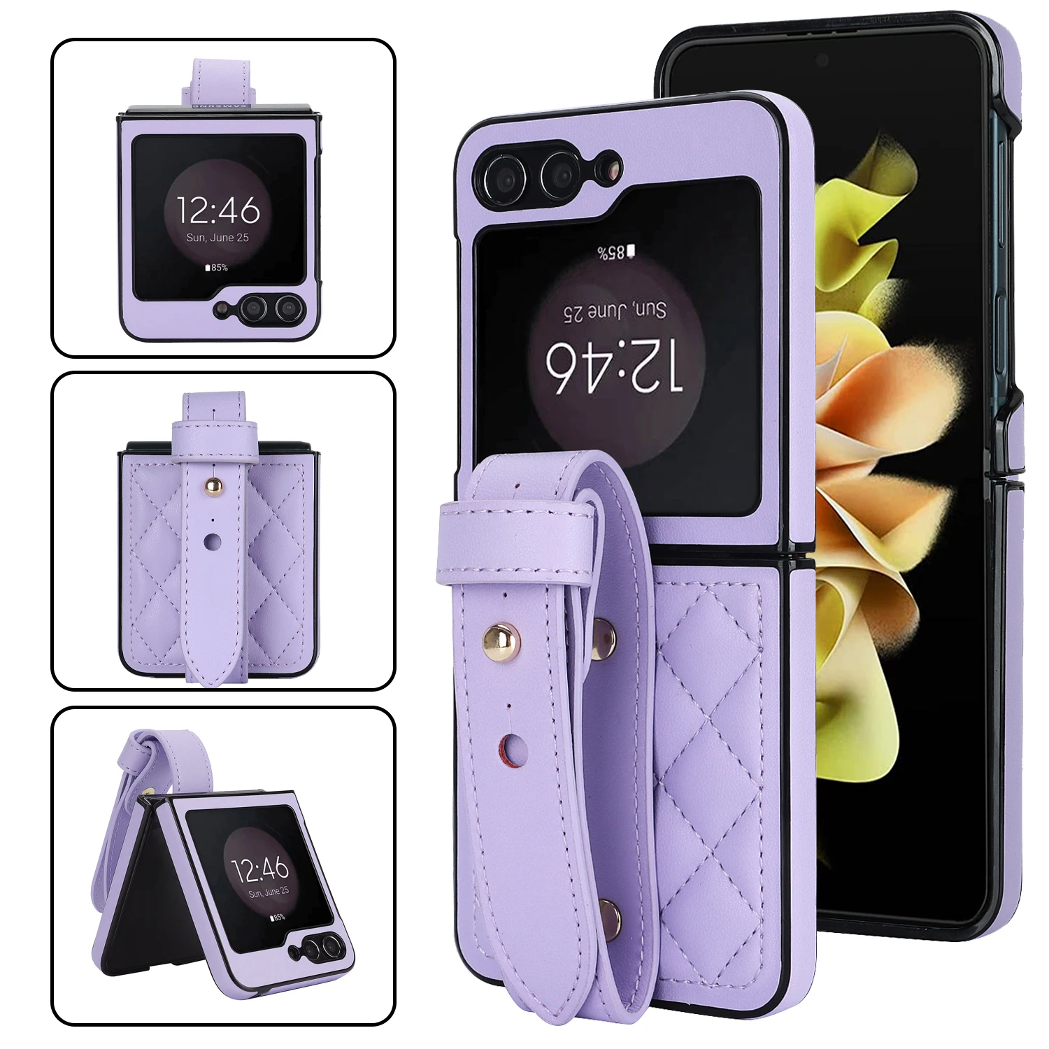 For Samsung Galaxy Z Flip 5 4 3 Case Elegant Soft Plain Leather Wrist Strap Holder Shockproof Protective Back Cover Accessories
