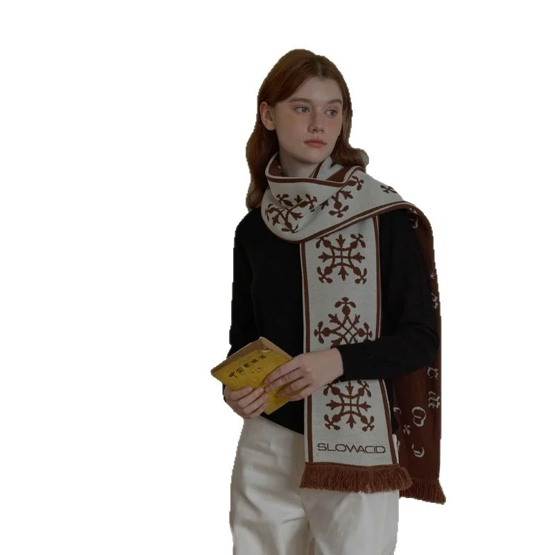 Kingly Crow Crane Winter Vintage Snowflake Letter Tassel Double-Sided Fashionable Warm Neck Warmer Korean Style Scarf - Image 5
