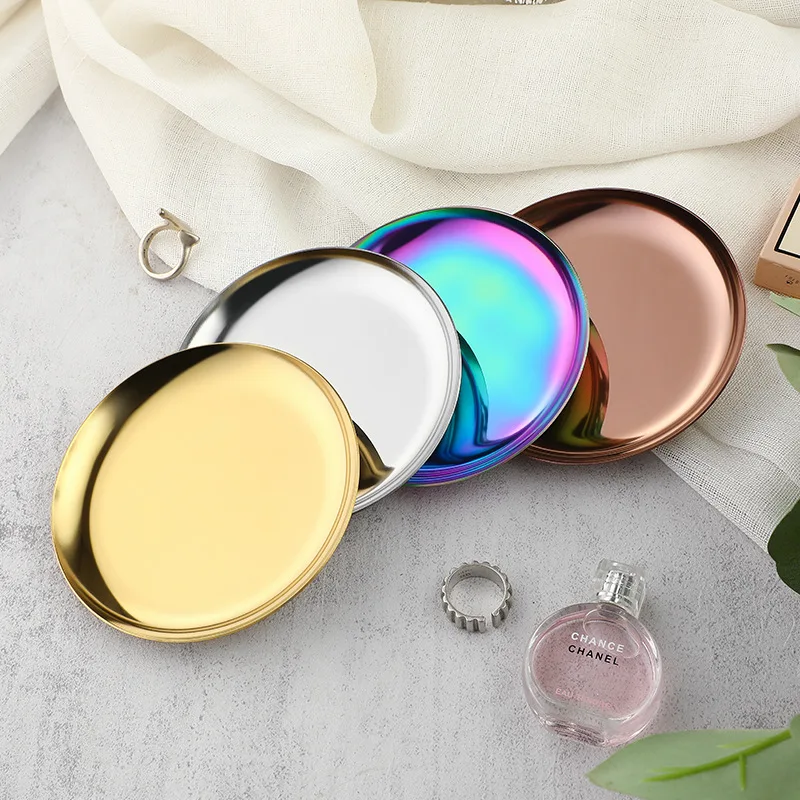 Modern Simple Stainless Steel Round Metal Tray Girls Cosmetics Jewelry Plate Porch Photo Display Plate Make Up Organizer