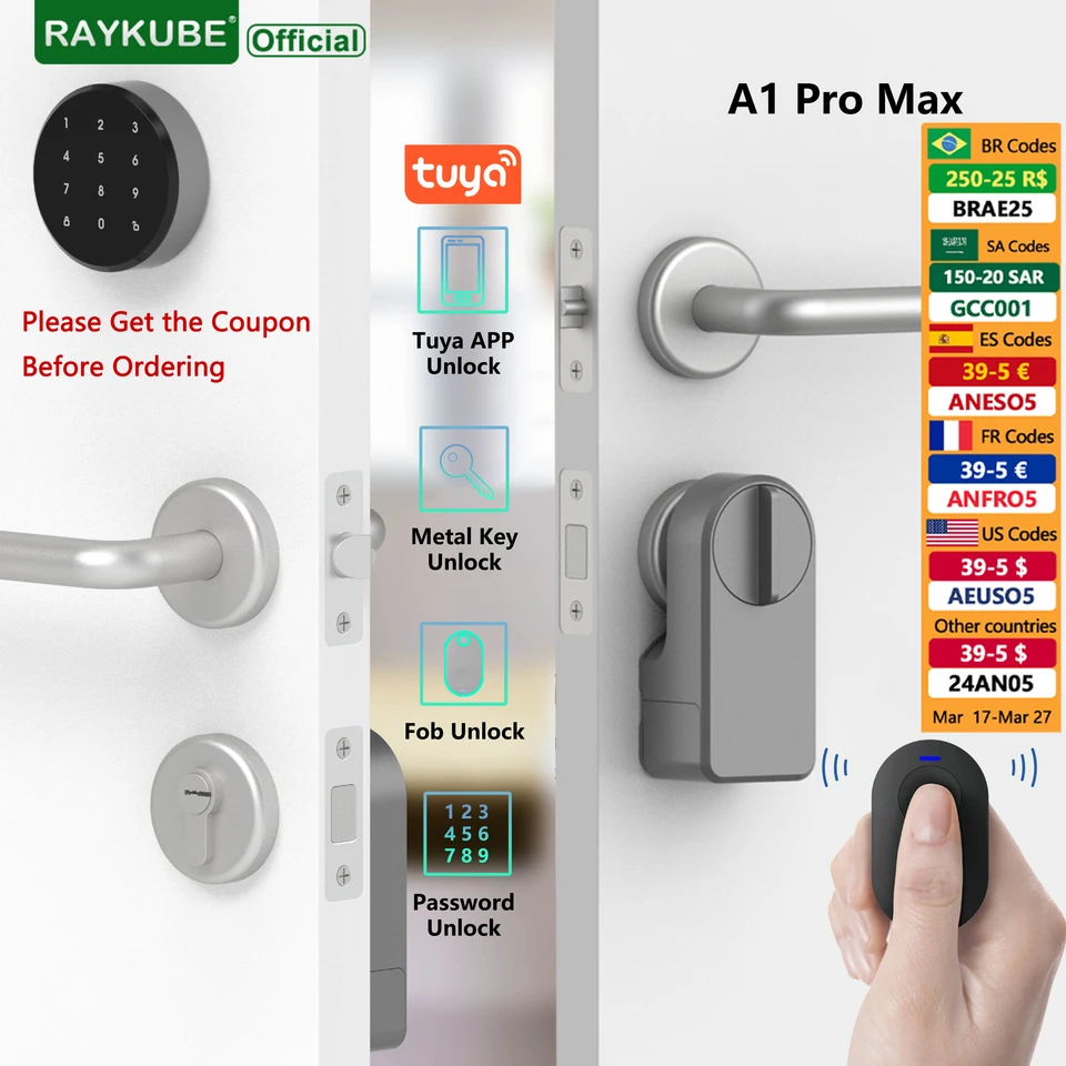 Raykube-Bluetoothスマートドアロックセット,A1 Pro  Max,Tuya,モジュール付き,ワイヤレスキー/スマートキー,リモートロック解除,Tuyaアプリケーション