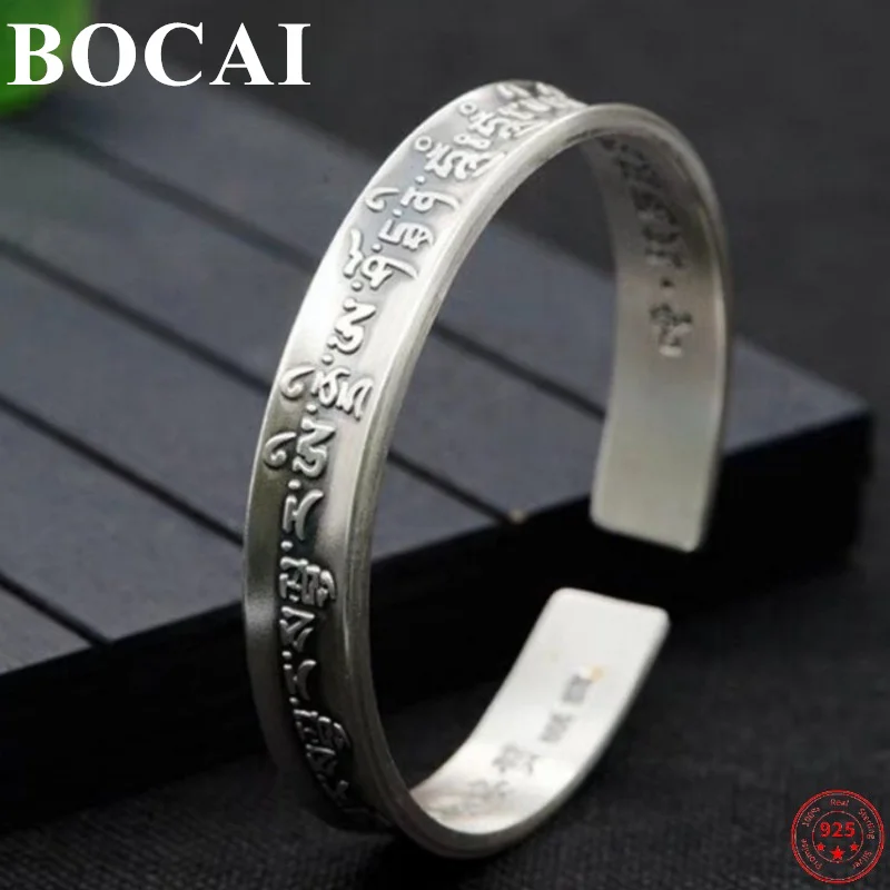 

BOCAI 999 Sterling Silver Bracelet for Men and Women 2022 New Fashion Retro Six Syllable Mantra Heart Sutra Argentum Bangle