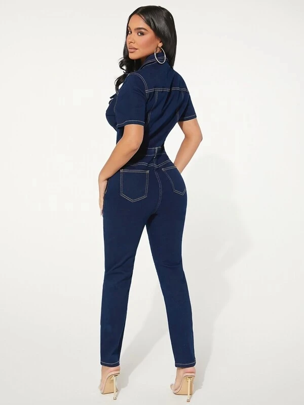 Jeans Stretch Overalls Sexy Women Turn Down Collar Elegant Blue Denim  Casual Jumpsuit Rompers - AliExpress