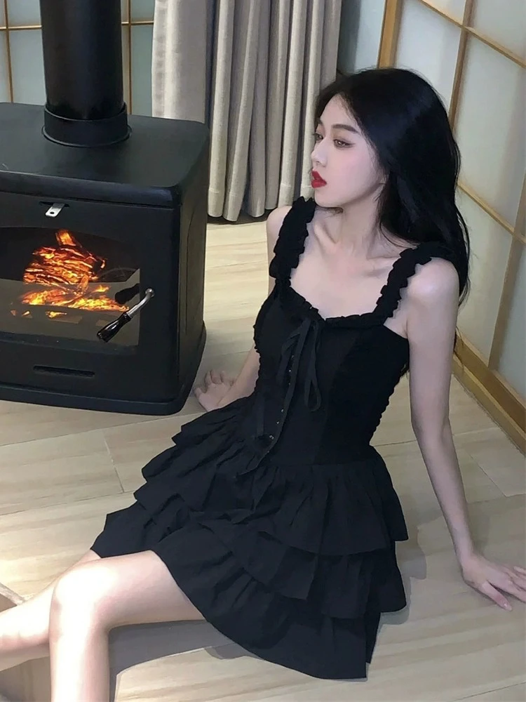 여성용 프렌치 블랙 우아한 홀리데이 파티 붕대 케이크 주름 미니 원피스, 백리스 섹시 클럽 민소매 프릴 슬립 원피스, 여름