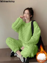 Thicken Warm Quilted Sweatshirt O- Neck 2 Piece Set Casual Thick Pullover Top Conjunto Baggy Wide Leg Ankle-length Jogger Outfit